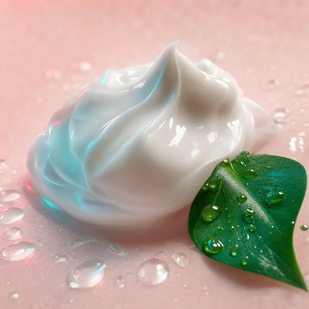 Textura de la crema Keramin con hoja verde, fórmula botánica para el cuidado de várices y piernas